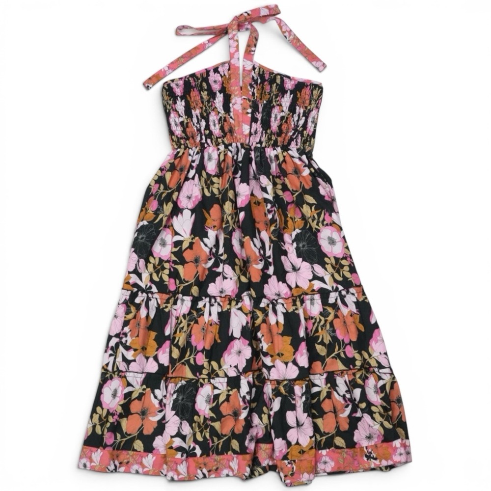 RAGA Floral Halter Maxi Dress M Smocked Tiered Boho Cottagecore Resort